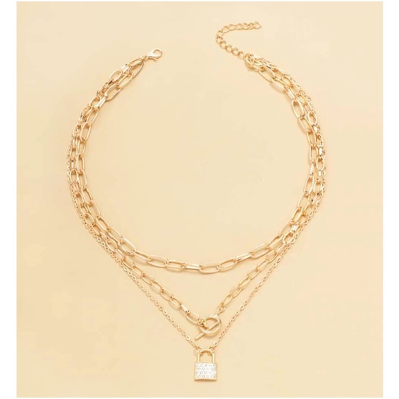 Gold Tone Rhinestone Lock Toggle Multilayer Necklace - Picture 2 of 3